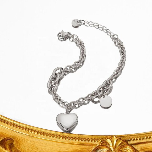 316L Stainless Steel Silver Cuban Chain Heart Charm Bracelet Hypoallergenic NWT - Picture 3 of 5